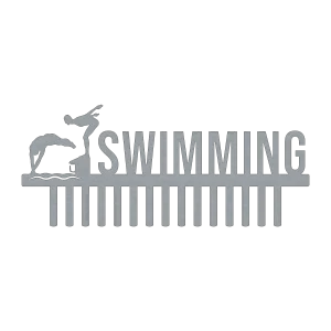 Steel medal holder featuring the word 'SWIMMING' with two male swimmers in dive positions on the left, and 16 hooks below for hanging medals. Made of raw steel with a precise laser-cut design.